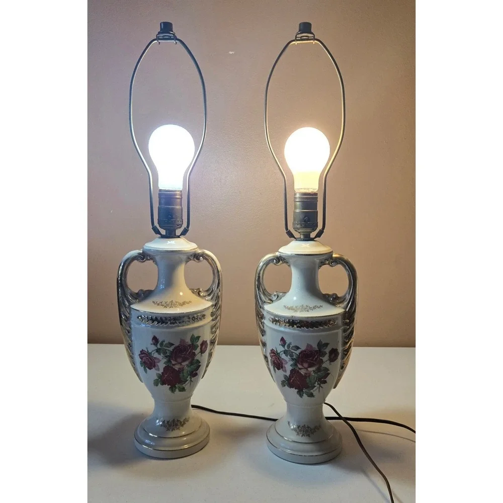 Vintage Pair Floral Porcelain Urn Table Lamps White Gold Roses Hollywood Regency